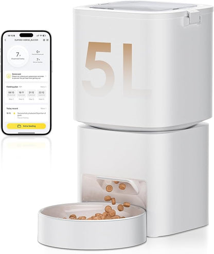Automatic Cat Feeder with WiFi-5Ghz, APP Control Timed Cat Dry Food Dispenser with Remote Feeding, 5L Auto Pet Feeder up to 10 Meals 1-15 Portion Control Per Day, Auto Dog Feeders for Cats Dog