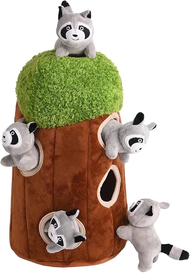 Glow Pups Dog Puzzle Plush Toy Tree with Squeaky Raccoons, Interactive Hide and Seek Fun, Promotes Mental Stimulation, Large Size, Brown/Gray Plush, 5-Pack (Raccoon in Tree, Large)