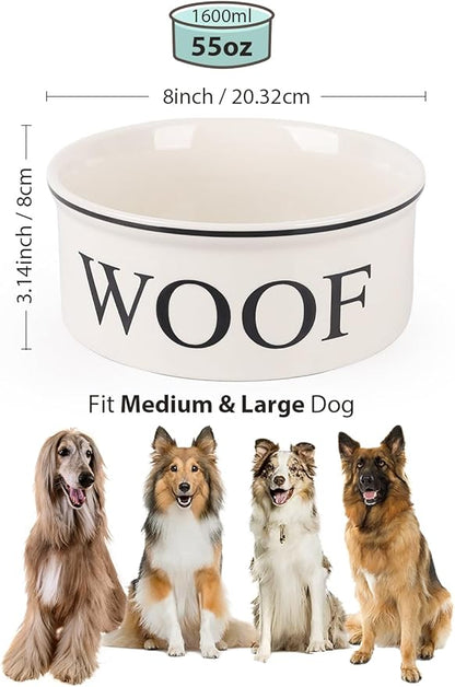 Ceramic Dog Bowl with Bone Pattern - 8" Extra Large Food Water Bowl for Medium and Large Dogs, Weighted, Microwave & Dishwasher Safe, 55 oz (Beige)