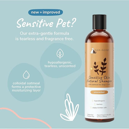 kin+kind Sensitive Skin Natural Dog and Cat Shampoo - Gentle Oatmeal Clean - Fragrance Free - 12 fl oz
