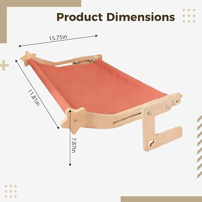 Cat Hammock for Small Cats, S Size Pink Cat Bed with Solid Wood Frame, No Drill Design, 15.7 x 11.8 x 7.9 in Adjustable Kitten Window Perch