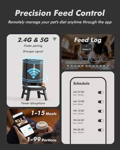 Automatic Dog Feeder for Large Breed with Camera - 15L/ 64 Cups Anti-Clog 5G WiFi Dog Food Dispenser for 2-23mm Kibble, Elevated Stand, Large Food Tray, 1080P HD Video with Night Vision, Keeps Fresh