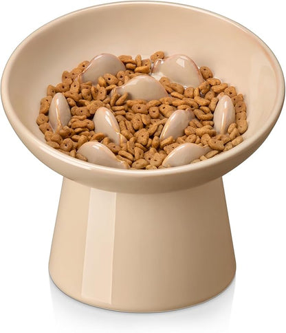 vancasso Ceramic Slow Feeder Cat Bowl, 6.25 Inch Elevated Cat Slow Feeder Bowl, Anti Vomiting for Dry and Wet Food, Brown
