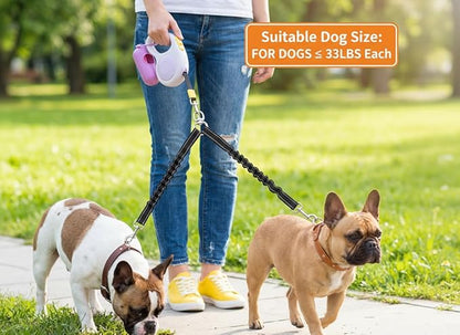 Double Dog Leash for Walking 2 Small Dogs (Up to 33 Lbs Each), Dual Retractable 9.8ft Extendable Strong Nylon Tape Pet Leash with Poop Bags, One-Handed Brake, Pause, Lock (Purple)
