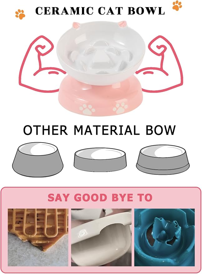 Y YHY Ceramic Slow Feeder Cat Bowl, Elevated Cat Bowl Tilted Design Slow Feeder for Dog and Cat for Dry and Wet Food, Pink