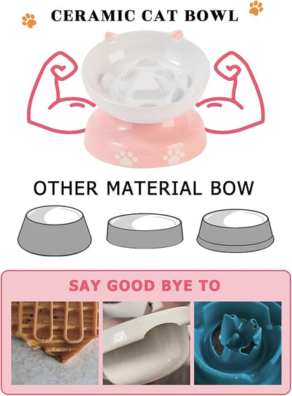Y YHY Ceramic Slow Feeder Cat Bowl, Elevated Cat Bowl Tilted Design Slow Feeder for Dog and Cat for Dry and Wet Food, Pink