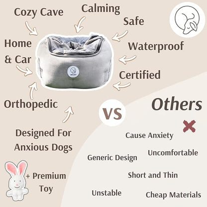 Orthopedic Dog Car Seat for Small Breeds - Original Calming Burrow Nest for Car Anxiety Relief - 6” Memory Foam Booster & Travel Bed - for Dogs Under 25lbs, Frenchie, Chihuahua