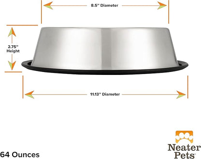 Neater Pet Brands - Stainless Steel No-Skid & Non-Tip Dog Bowl for Food or Water (64 oz, Stainless Steel)