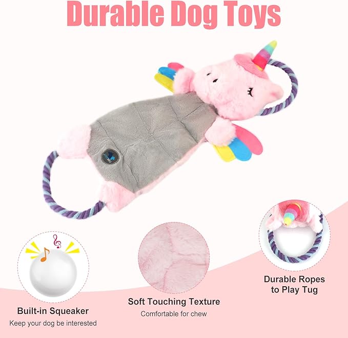 Interactive Squeaky Dog Chew Toy, Tough Plush Dog Toys for Chewers, Small, Medium & Large Dogs, Plush with Double Rope Handles for Tug of War, Mess-Free, Pink