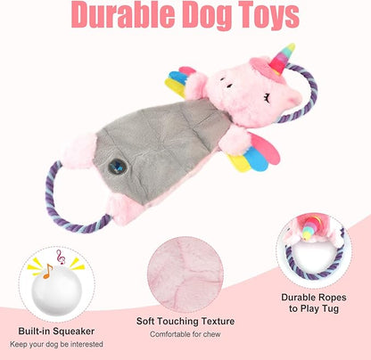 Interactive Squeaky Dog Chew Toy, Tough Plush Dog Toys for Chewers, Small, Medium & Large Dogs, Plush with Double Rope Handles for Tug of War, Mess-Free, Pink