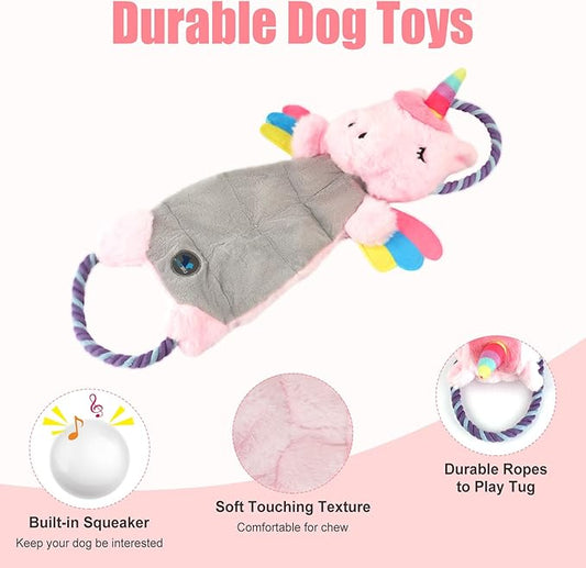 Interactive Squeaky Dog Chew Toy, Tough Plush Dog Toys for Chewers, Small, Medium & Large Dogs, Plush with Double Rope Handles for Tug of War, Mess-Free, Pink