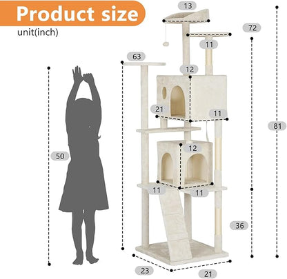 BestPet | 81" Cat Tree Tower | Cream | Sturdy, Easy to Assemble, Multi-Level Activity Center with Sisal Scratching Posts, Condos, Perches, Hanging Cat Toys, Observation Decks & Ladder