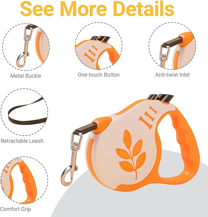 Retractable Dog Leash with Non-Slip Handle, 16 FT Automatic Telescopic Tractor with Atuo Locking Botton，Durable Pet Tape for Small and Medium-Sized Dogs Orange