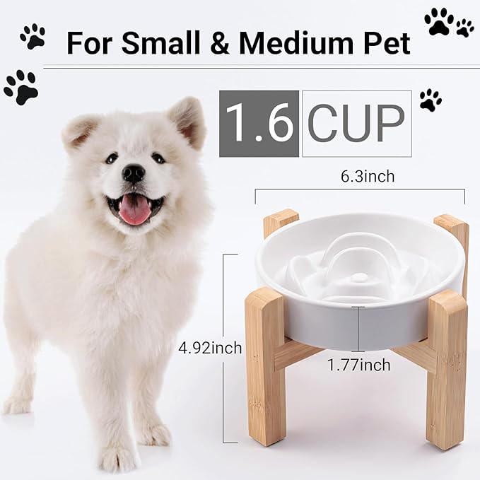 Ceramic Slow Feeder/Dog Bowl for Small Medium Dogs,Elevated/Raised Slow Feeding Dog Food Water Dish Heavy Weighted,Puzzle Eating Bowl Modern Maze (White, 8.26in)
