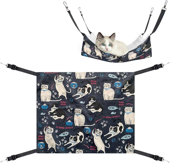 WIRESTER Reversible Cat Hanging Hammock 22.8 x 18.9 Inch, Pet Cage Hammock Bed with Adjustable Straps, Soft Sleeping Hammock for Cat, Ferret, Puppy Dog, Rabbit, Small Animals - Cat Stuffs Pink Blue