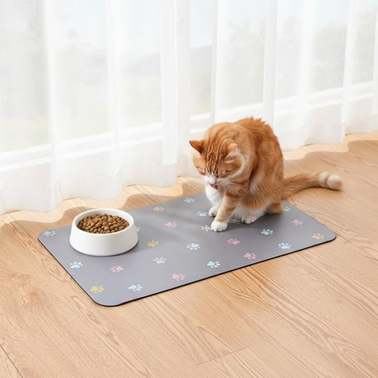 Cat Food Mat Absorbent Dog Mat for Food and Water Non Slip Quick Dry Dog Bowl Mats for Floors 19" X 12" Paw Light Gray