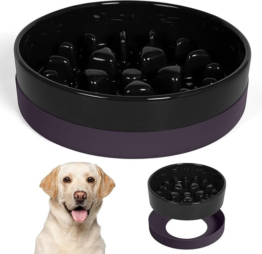 Sted Ceramic Slow Feeder Dog Bowls for Medium Large Breed, Slow Feeding Dog Bowl, Dogs Food Bowls for Fast Eaters, Puzzle Dogs Food Bowl with Silicone Base, Maze Black