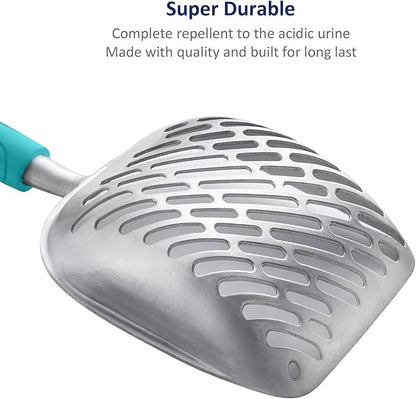 WePet Cat Litter Scoop, Aluminum Alloy Sifter, Kitty Metal Scooper, Deep Shovel with Diagonal Sifting Hole, Long Handle, Kitten Poop Lifter for Litter Box, Medium Size, Turkish Blue Handle