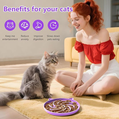 2Pcs Slow Feeder Cat Bowl,Puzzle Feeder,Interactive Toys,Slow Feeding cat Bowl Suitable for All Dry and Wet Foods,Easy to Clean Silicone Bowls (Orange and Purple)