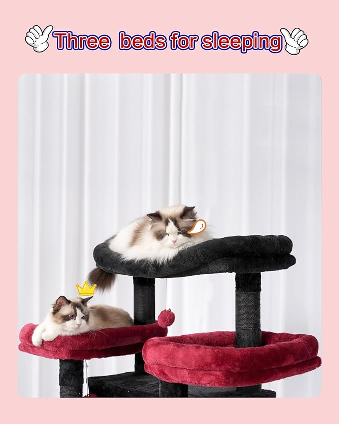 Cat Tree for Indoor Cats Large Adult, 74" Cat Tower for with 3 Big Platforms, 2 Baskets, 2 Condos, Multi-Level Cat Scratching Posts, Black and Red GCT030BR