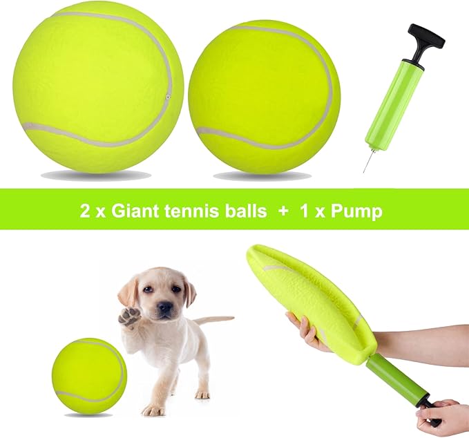 2 Pack Big Tennis Ball for Dogs - 9.5" and 8" Inflatable Giant Tennis Balls Large Pet Toys Ball Funny Outdoor Sports