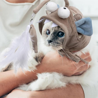 POPETPOP Pet Cat Teaser Toy, Cat Feather Toys Head Mounted Cat Headgear Interactive Cat Hat Feather Toy Self-Service Adjustable Size Cat Hat Toy 2Pcs