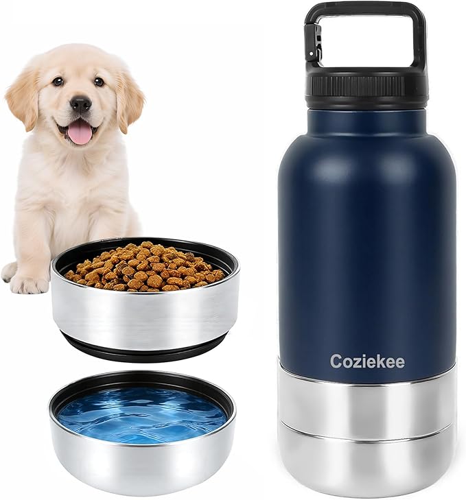 3-in-1 Dog Water Bottle Portable, 32oz Insulated Stainless Steel Pet Water Dispenser with 2 Detachable Travel Dog Bowls for Water & Food, Leak-Proof Puppy Water Bottle for Hiking, Walking (Blue)