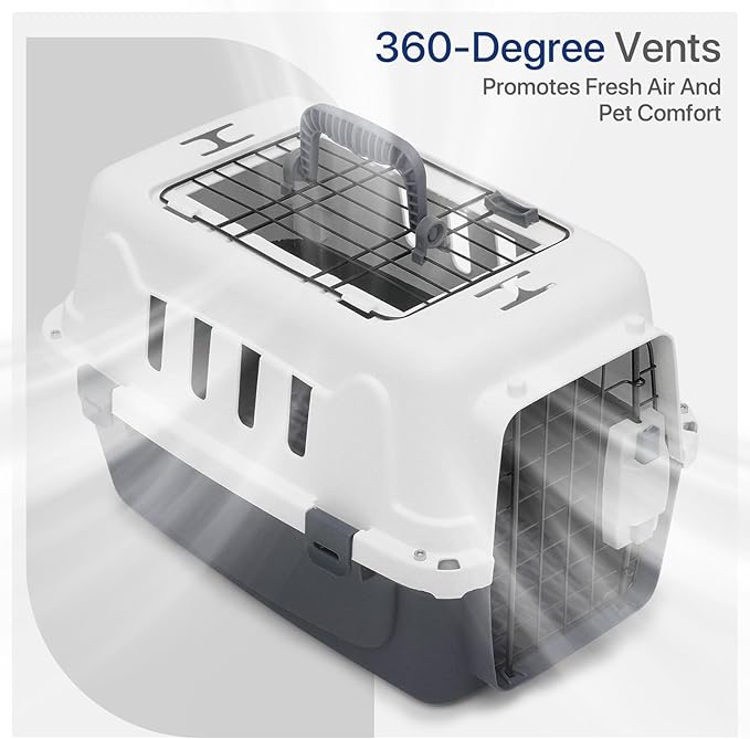 18 Inch Hard-Sided Plastic Dog Carrier 2 Door Travel Crate for Small Dogs Cats up to 10 lbs, Durable Handle, Security Lock Design, Gray