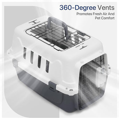 18 Inch Hard-Sided Plastic Dog Carrier 2 Door Travel Crate for Small Dogs Cats up to 10 lbs, Durable Handle, Security Lock Design, Gray