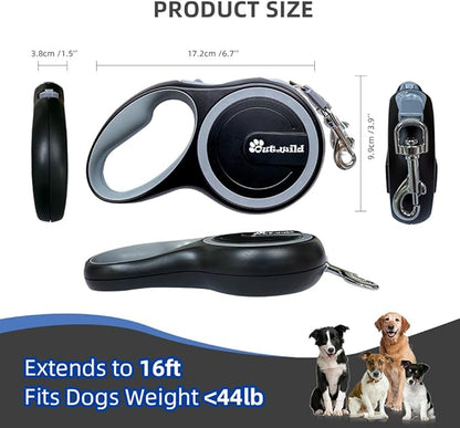OUTnWILD Retractable Dog Leash - Retractable Dog Leash 16ft for Small/Medium Breeds/Pets Up to 44lbs. 360° Tangle Free Design with One Touch Quick-Lock Braking System&Anti-Slip Handle. (Black, M)