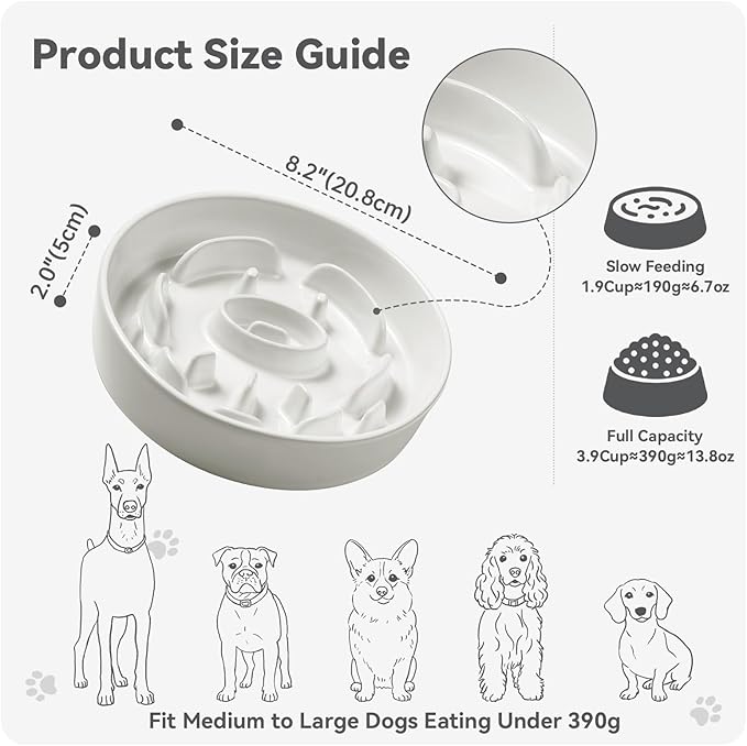 Ceramic Slow Feeder Dog Bowl - Maze Dog Bowl to Slow Down Eating - Feeding Dish for Fast Eaters - Ideal Food Control Dish for Medium to Large Breeds - 8.2 Inch - 1.8 Cups (180g) - White