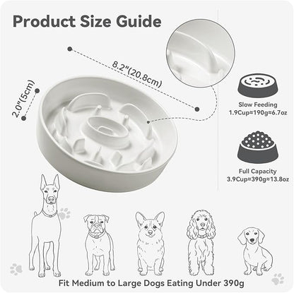 Ceramic Slow Feeder Dog Bowl - Maze Dog Bowl to Slow Down Eating - Feeding Dish for Fast Eaters - Ideal Food Control Dish for Medium to Large Breeds - 8.2 Inch - 1.8 Cups (180g) - White