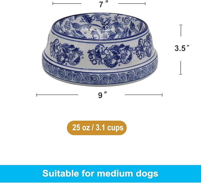 Aimusego Basics Ceramic Non-Skid Pet Dog Water and Food Bowl,Chinoiserie Blue&White Dog Cat Puppy Feeding Bowls Dish,Ideal for Small to Medium Dogs 9inch