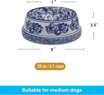 Aimusego Basics Ceramic Non-Skid Pet Dog Water and Food Bowl,Chinoiserie Blue&White Dog Cat Puppy Feeding Bowls Dish,Ideal for Small to Medium Dogs 9inch