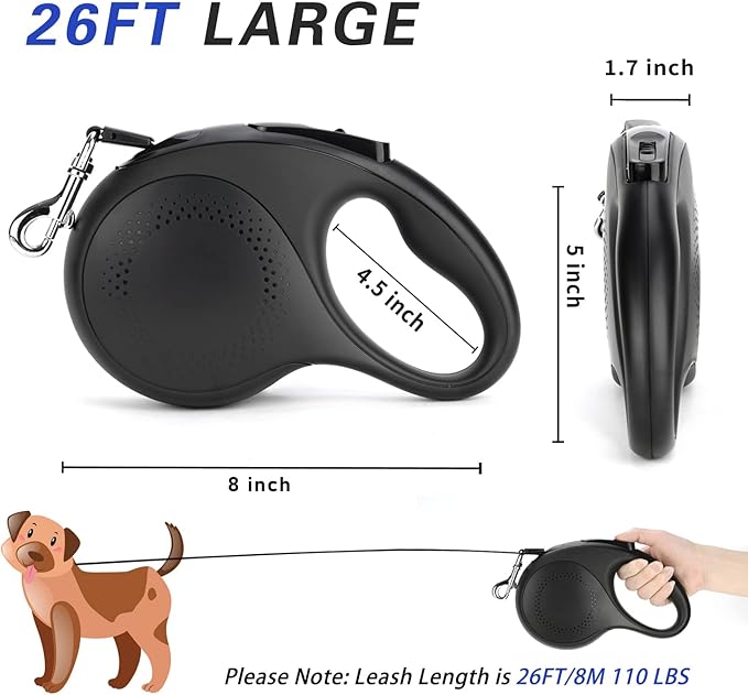 Retractable Dog Leash, 26 Feet Dog Leash for Small to Large Dogs up to 110lbs, Anti-Slip Handle One Button Lock and Release, Heavy Duty 360° Tangle-Free