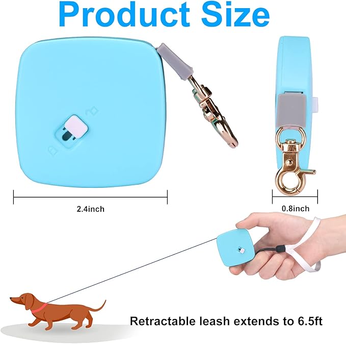 Retractable Dog Leash for Small Dogs Cats up to 11lbs with 6.5ft Anti-Pull Strong Nylon Tape, Hands Free, Mini and Portable Walking Leash with Wrist Strap, One-Hand Brake, Blue Square
