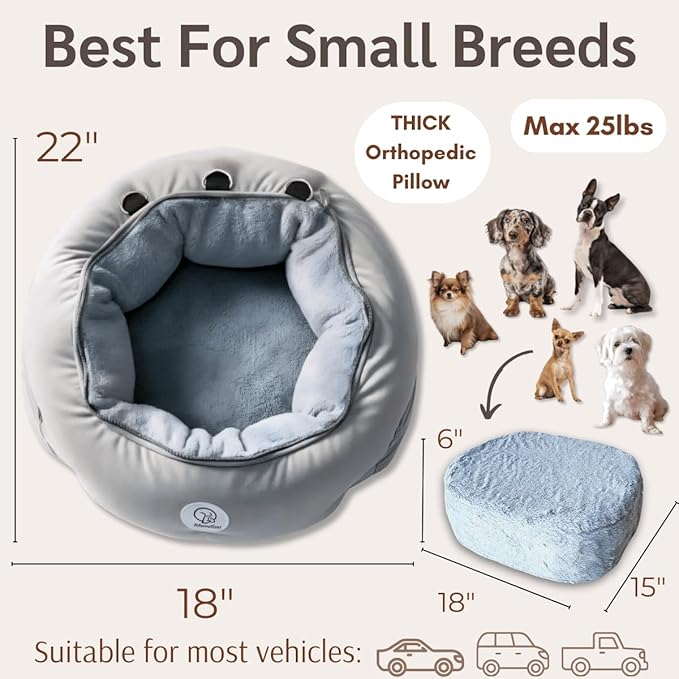 Orthopedic Dog Car Seat for Small Breeds - Original Calming Burrow Nest for Car Anxiety Relief - 6” Memory Foam Booster & Travel Bed - for Dogs Under 25lbs, Frenchie, Chihuahua
