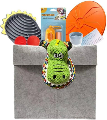 Ultimate 8-in-1 Dog Gift Basket Set - with Slow Feeder Bowl, Tug of War Interactive Toys,Poop Bag Dispenser and Storage Basket for Medium to Large Dogs