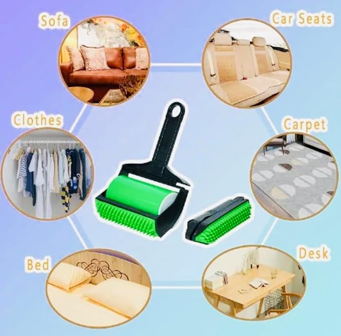 Squeaky Dog Chew Toys, 2 Cow Shaped, with Rope + Grooming Set and LINT Roller + Extra Brush (Set 4 Pieces Bundle)