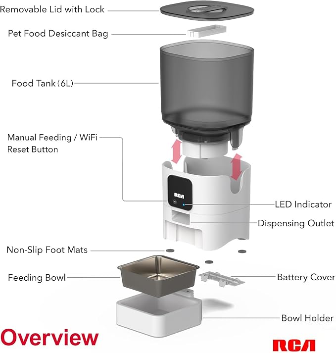 RCA Smart Automatic Pet Feeder 6L WiFi App Control Cat & Dog Food Dispenser with Portion Control, Voice Recorder, Alexa Compatible, BPA-Free Storage & Dishwasher Safe Bowls for Cats Dogs