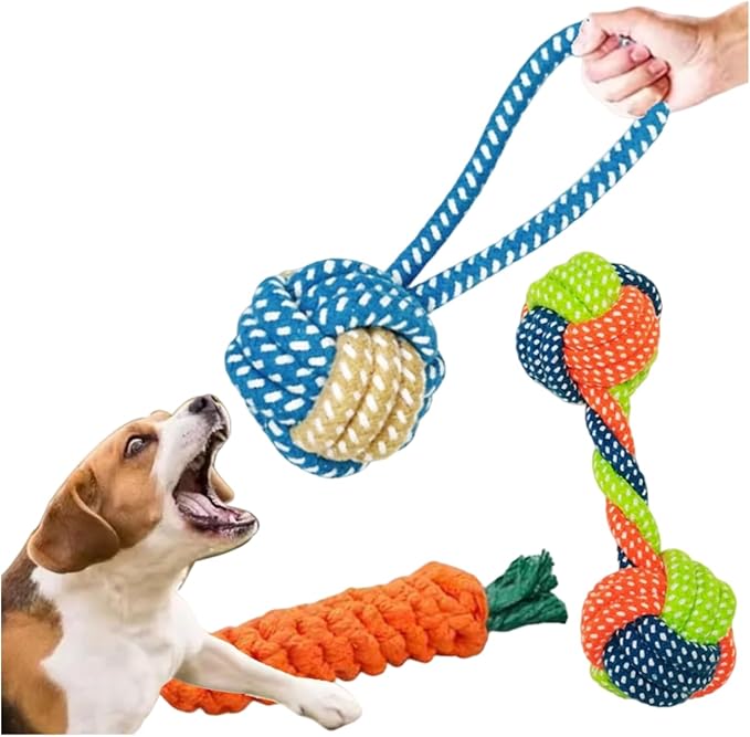 Dog Rope Toys for Small Dogs, 3 Pack Durable Cotton Rope Dog Toys for Aggressive Chewers, Interactive Tug of War Puppy Chew Toys for Teeth Cleaning, Carrot Rope Toy, Rope Ball & Knotted Rope