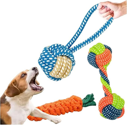 Dog Rope Toys for Small Dogs, 3 Pack Durable Cotton Rope Dog Toys for Aggressive Chewers, Interactive Tug of War Puppy Chew Toys for Teeth Cleaning, Carrot Rope Toy, Rope Ball & Knotted Rope