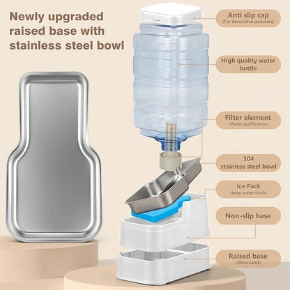 2.2 Gallon Pet Automatic Dog Water Dispenser Cat Gravity Waterer Feeder with Stainless Steel Bowl Large Capacity Puppy Feeding Raised Bowls with Filter,Ice Pack (White, 8L(2.2 Gallon))