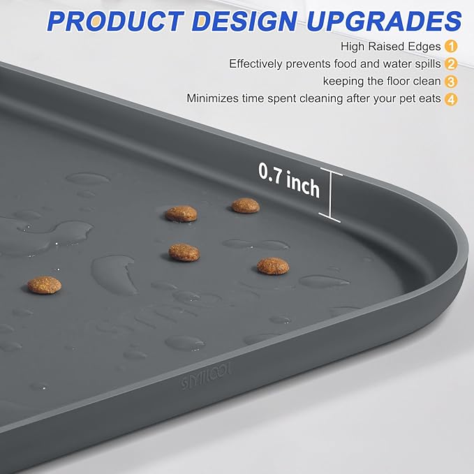 Silicone Pet Feeding Mat with Raised Edge for Food and Water, Dog Bowl Mats, Cat Bowls Placemat with High Lip for Floor Waterproof, Rubber Tray for Cats and Dogs 19 x 12 x 0.7 Dark Grey