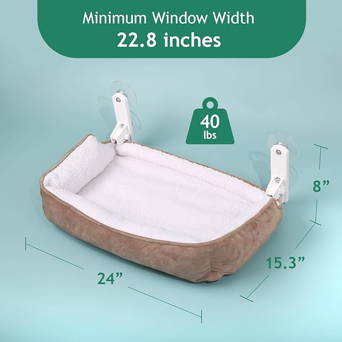 Zakkart Foldable Cat Hammock for Window with Bolster - Cordless, Three-Side Bolstered Machine Washable Fluffy Bed, Robust Metal Frame - Cat Window Perch for Large Cats and Kittens - Brown/White