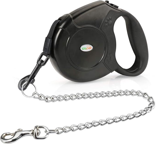 Idepet Heavy Duty Retractable Dog Leash for Small and Medium Dogs, Anti-Chewing Steel Chain 360 Degree Tangle-Free,Break and Lock System,16ft Leash for Dog Walking (Black, Flat Rope)