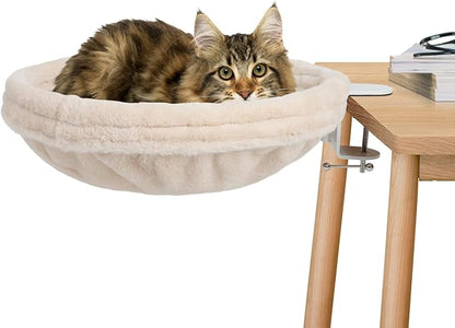 Large Cat Desk Bed-Supports Up to 50lbs, Soft Faux Fur Fabric, Adjustable Steel Frame,Sunken Hammock,Removable Soft Fluffy Cover（Cream）