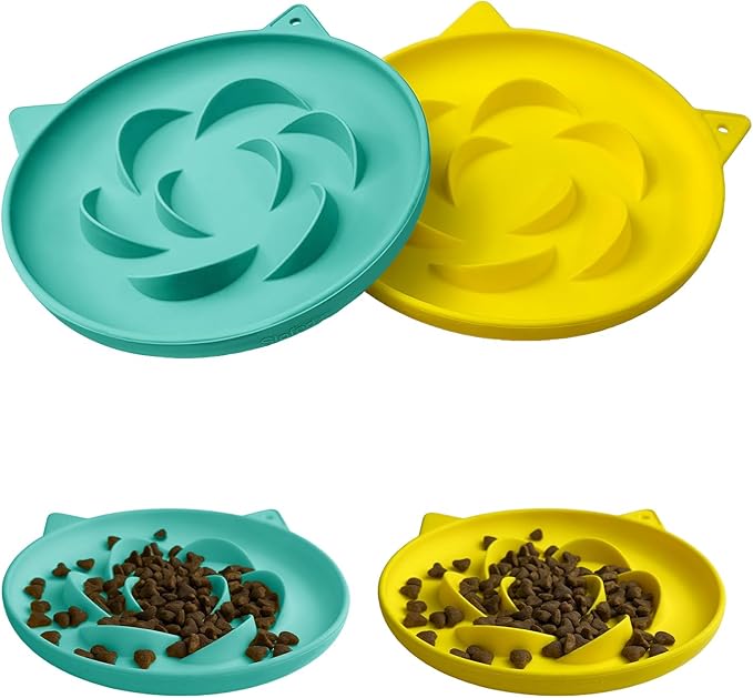 Slow Feeder Cat Bowl 2 Packs, Durable Anti-Gulping Cat Food Bowl for Healthy Digestion, Easy to Clean for Wet/Dry Food (Cyan+Yellow)
