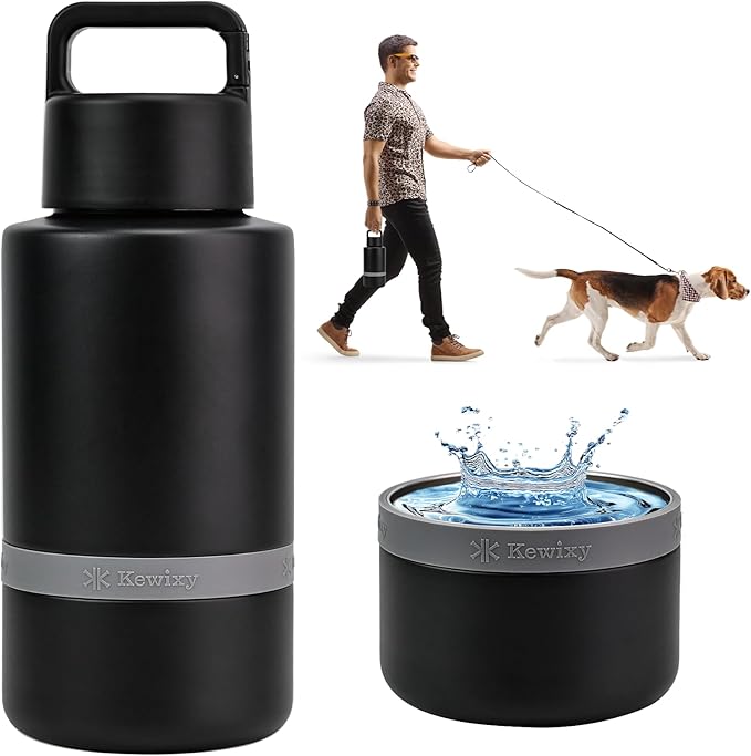 KEWIXY Insulated Dog Water Bottle with Travel Bowl, Portable Water Bottle Dispenser, Accessories for Road Trip, Hiking, Camping, Outdoor, Leak-Proof, Detachable (Black)