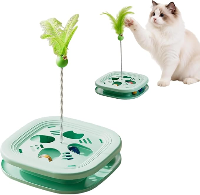 Interactive Cat Toys for Indoor Cats, 2-in-1 Kitten Toys with Balls & Feathers, BPA-Free Safe Material,Non-Slip Base, Sturdy and Durable (Green)
